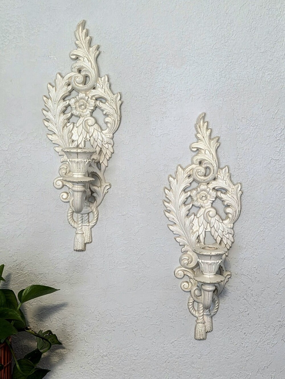 Vintage Burwood Products Distressed White Ornate Wall Sconces Set Of Two